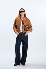 BOMBER CROP IN PELLE CAMMELLO