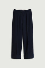 PANTALONI IN TWILL DI LANA NAVY A GAMBA AMPIA