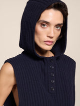 GILET CON CAPPUCCIO IN LANA A COSTE BLU NAVY